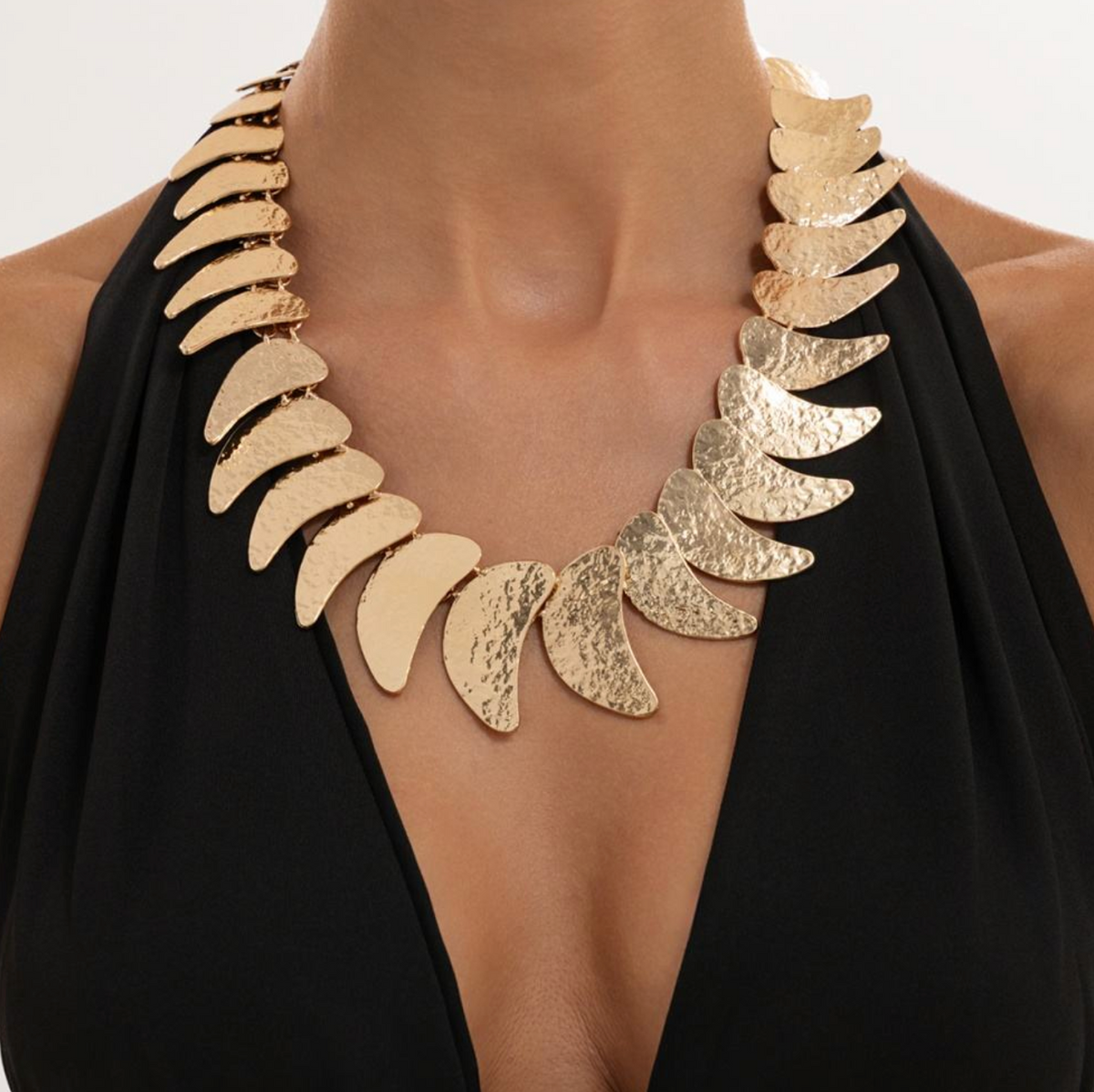 Lunara Hammered Crescent Choker – Sculptural Moon-Inspired Statement Necklace