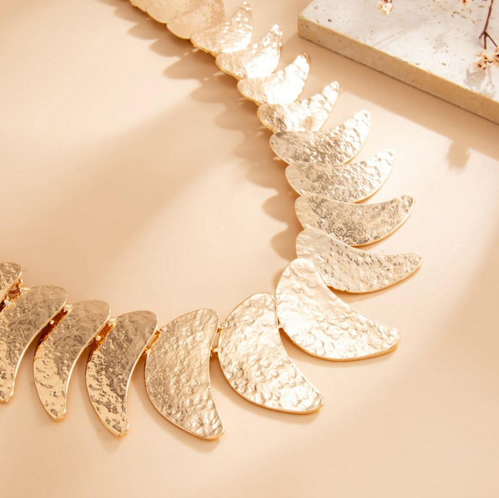 Lunara Hammered Crescent Choker – Sculptural Moon-Inspired Statement Necklace