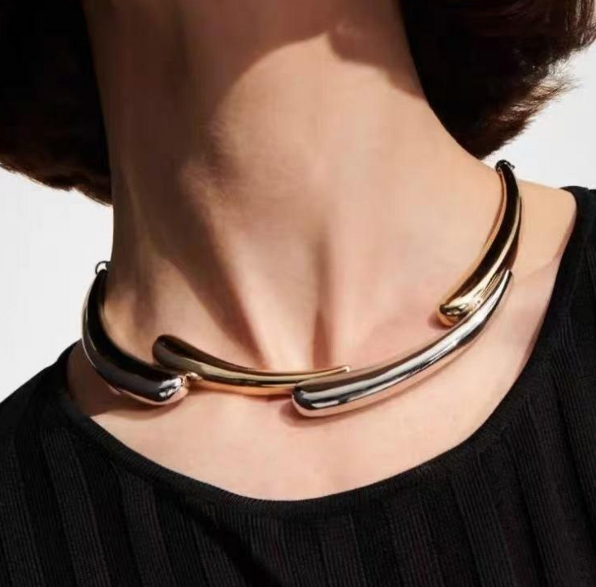 Celine Color-Block Brass Statement Necklace – Modern Two-Tone Geometric Jewelry