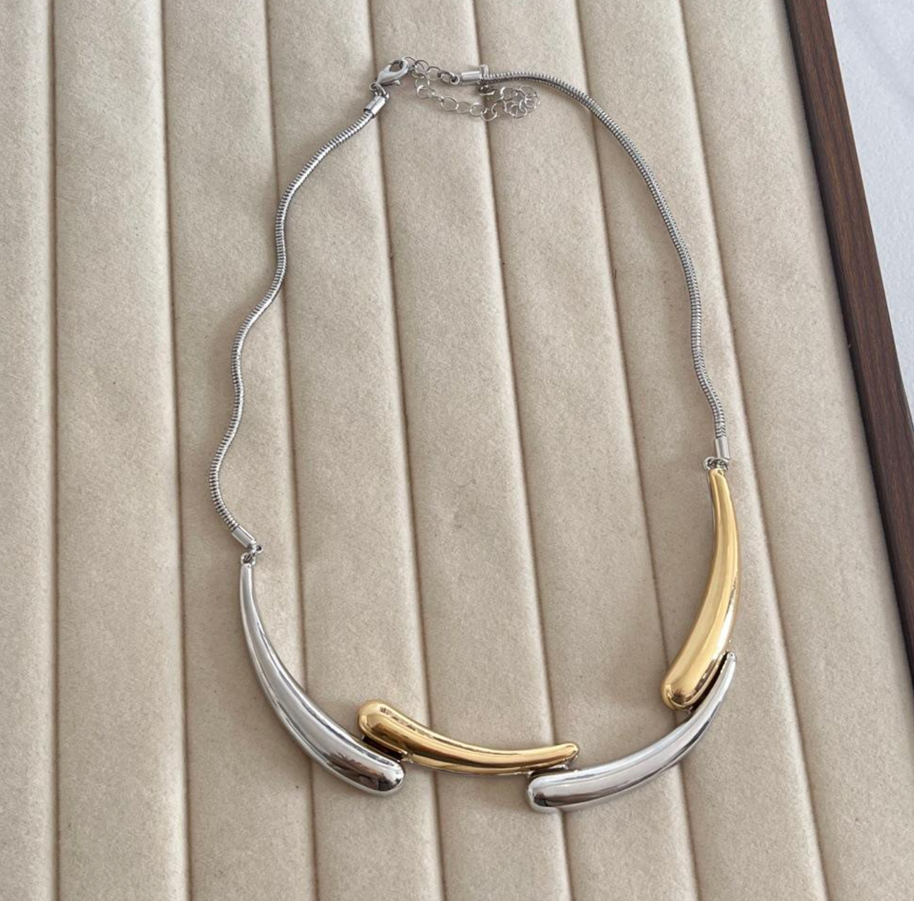 Celine Color-Block Brass Statement Necklace – Modern Two-Tone Geometric Jewelry