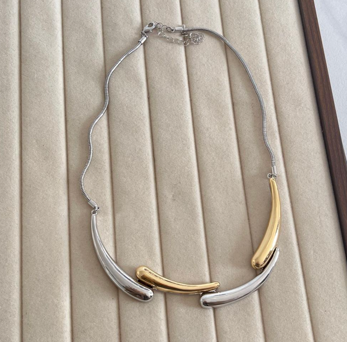 Celine Color-Block Brass Statement Necklace – Modern Two-Tone Geometric Jewelry