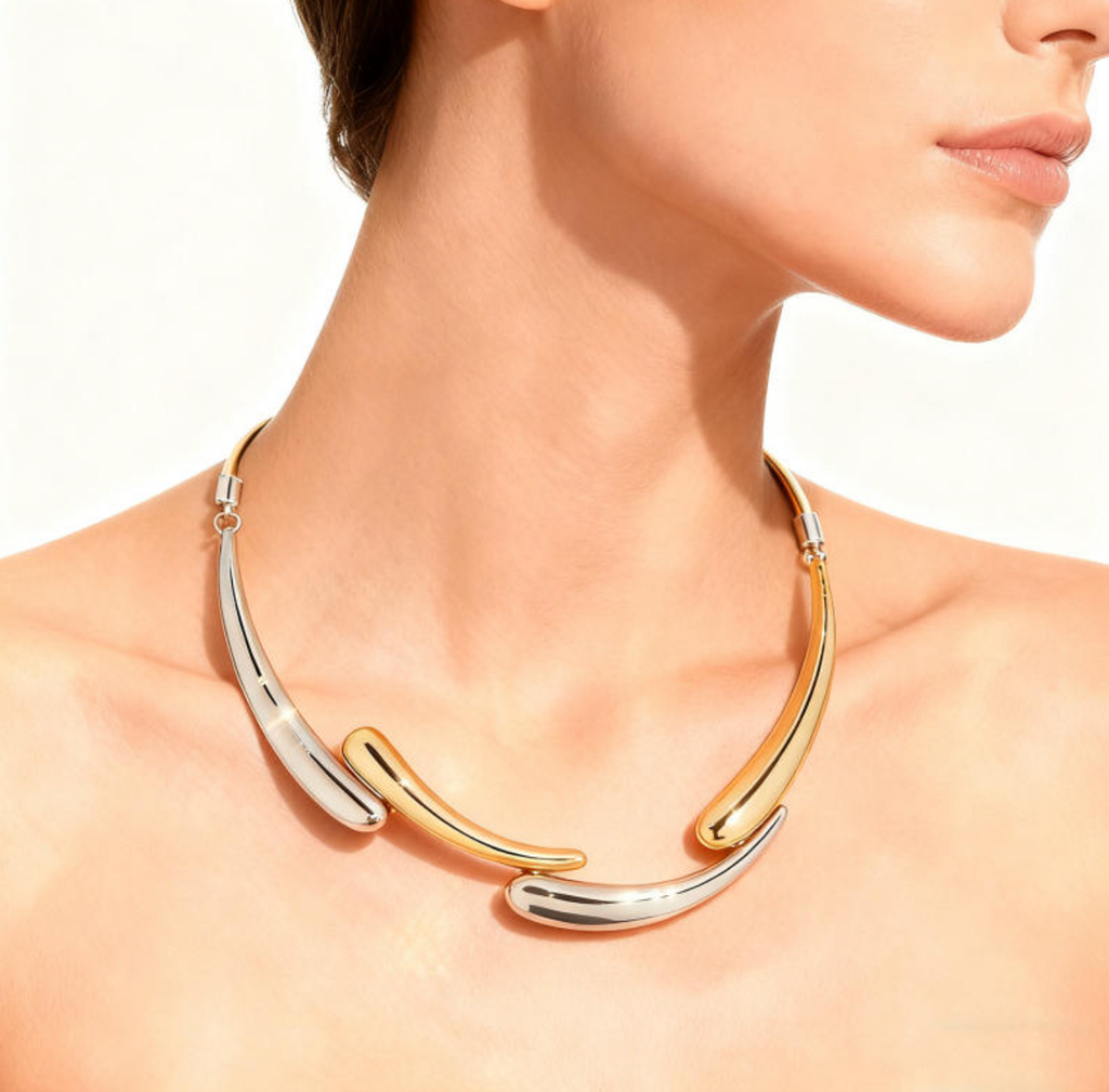 Celine Color-Block Brass Statement Necklace – Modern Two-Tone Geometric Jewelry
